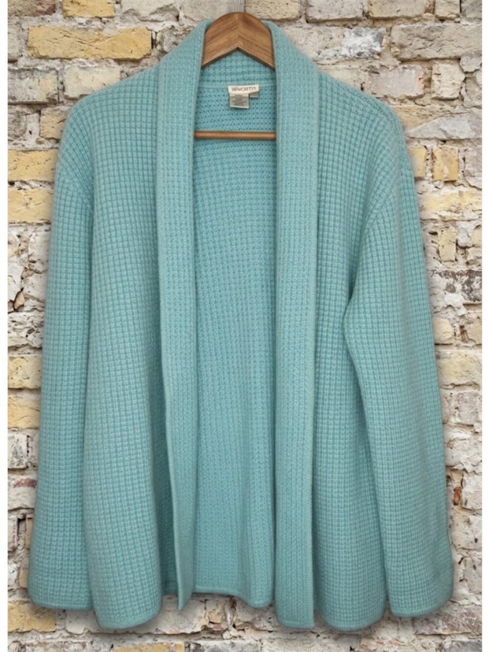 Worth VTG Sz L 100% Cashmere Cardigan Sweater Heavy Thick Waffle Knit Shawl Open